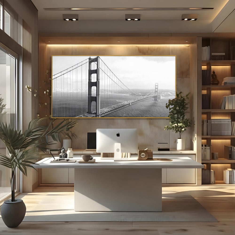 Tablou canvas cu fotografie alb-negru cu podul golden gate, in rama de aluminiu auriu, pe perete intr-un birou