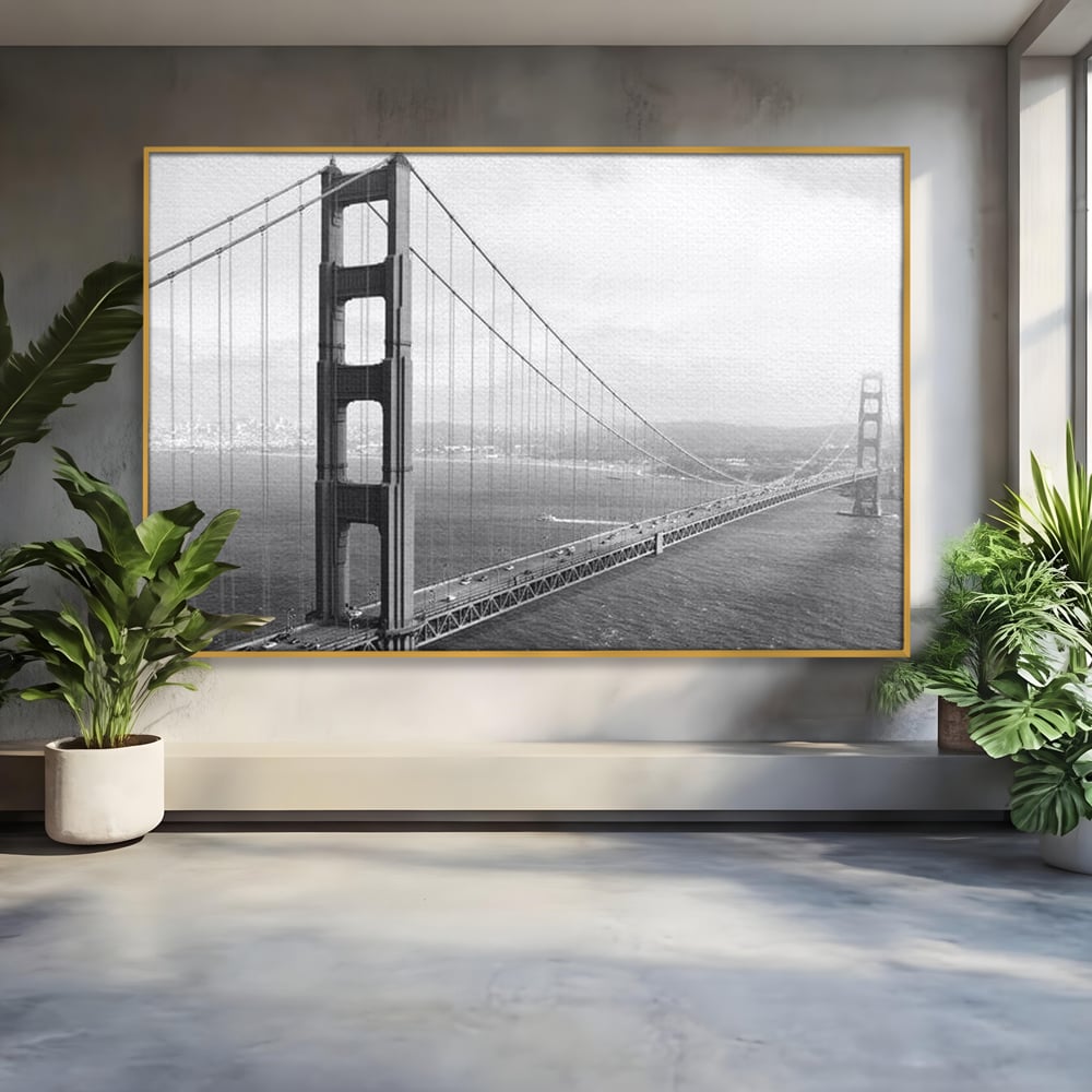 Tablou canvas cu fotografie alb-negru cu podul golden gate, in rama de aluminiu auriu