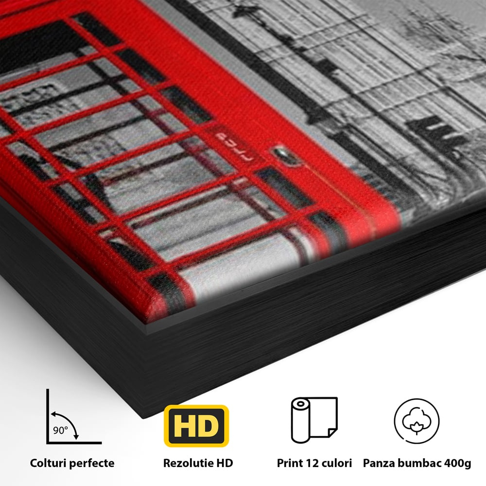 Detaliu al suprafetei: tablou canvas cu cabina rosie si big ben, in rama de aluminiu negru