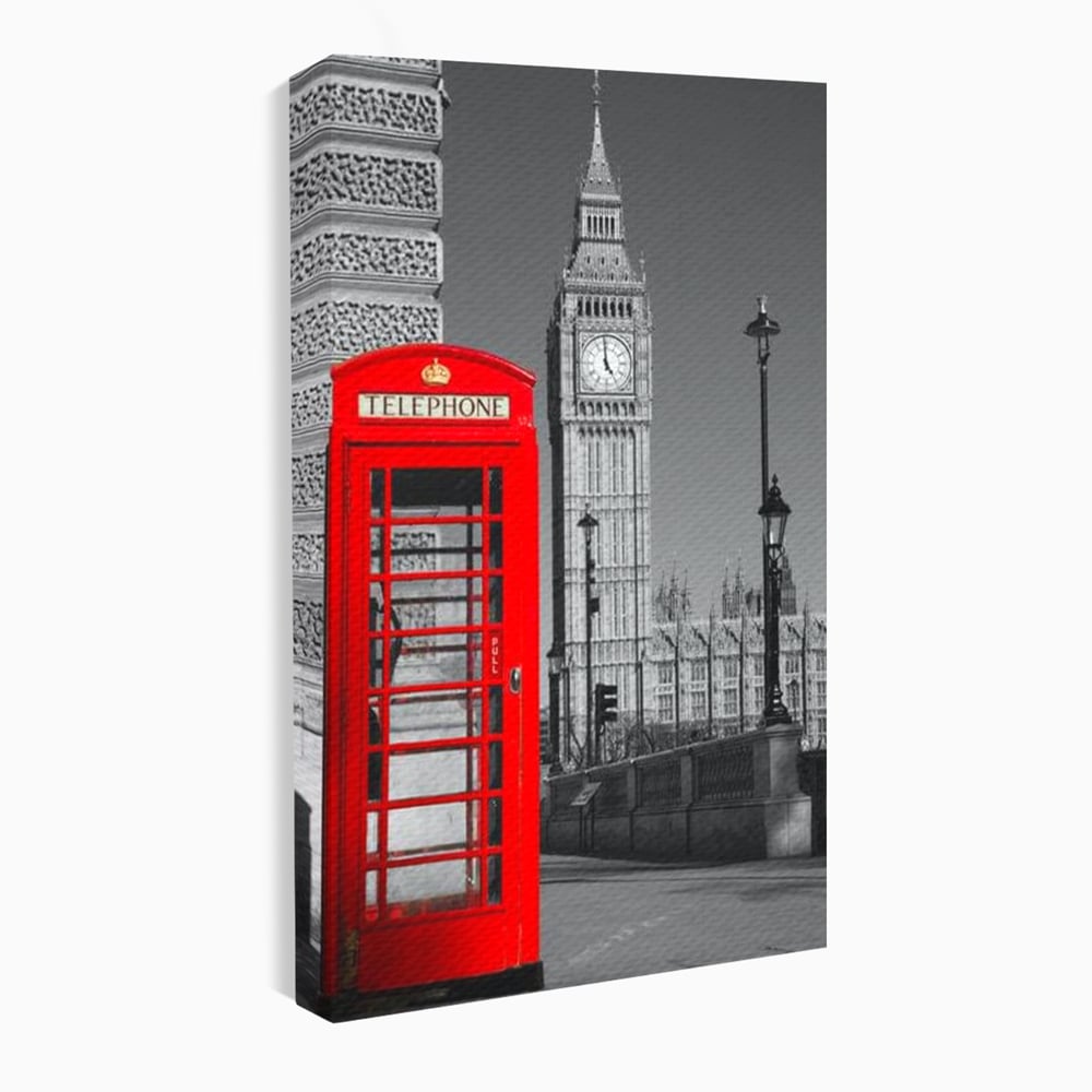 Tablou canvas cu tablou canvas cu cabina rosie si big ben, fara rama, pe sasiu de lemn