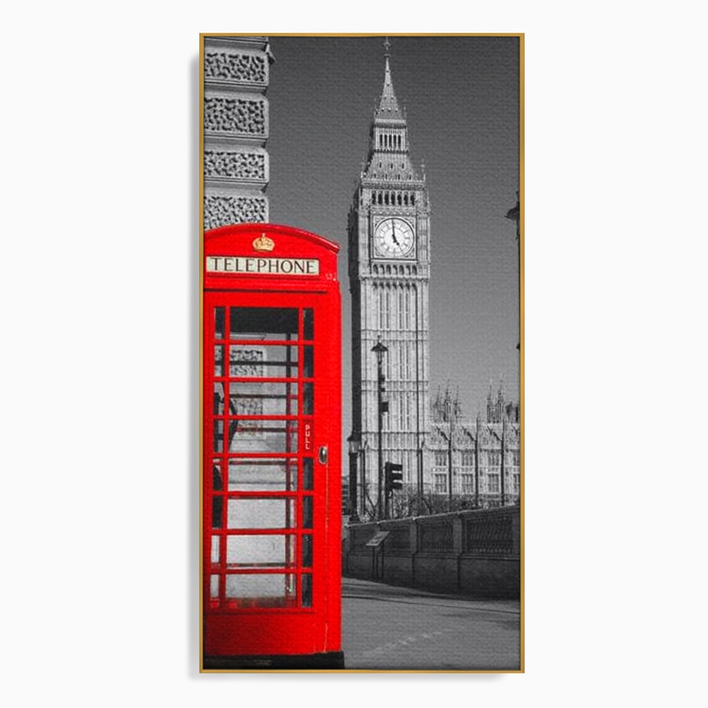 Tablou canvas cu tablou canvas cu cabina rosie si big ben, in rama de aluminiu auriu