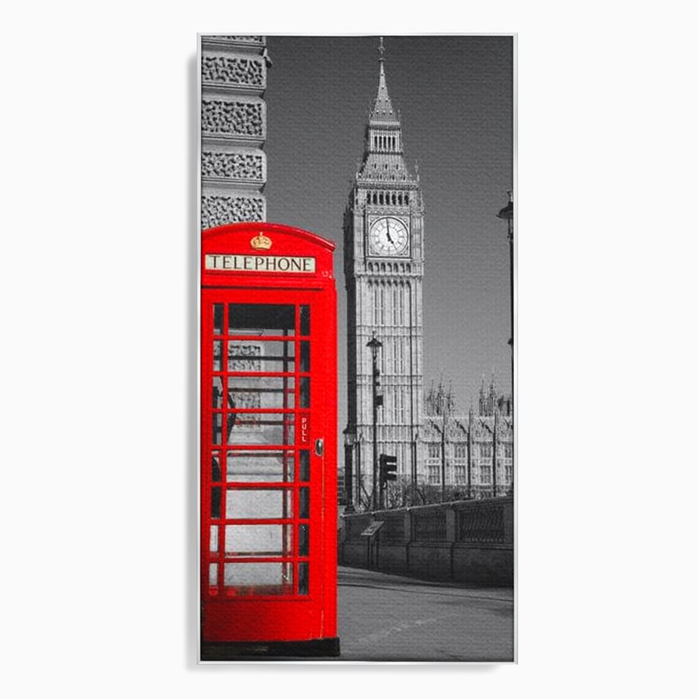 Tablou canvas cu tablou canvas cu cabina rosie si big ben, in rama de aluminiu argintiu
