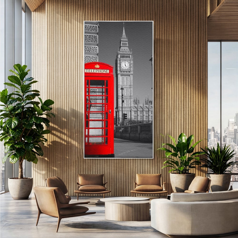 Tablou canvas cu tablou canvas cu cabina rosie si big ben, in rama de aluminiu argintiu, pe perete intr-un birou