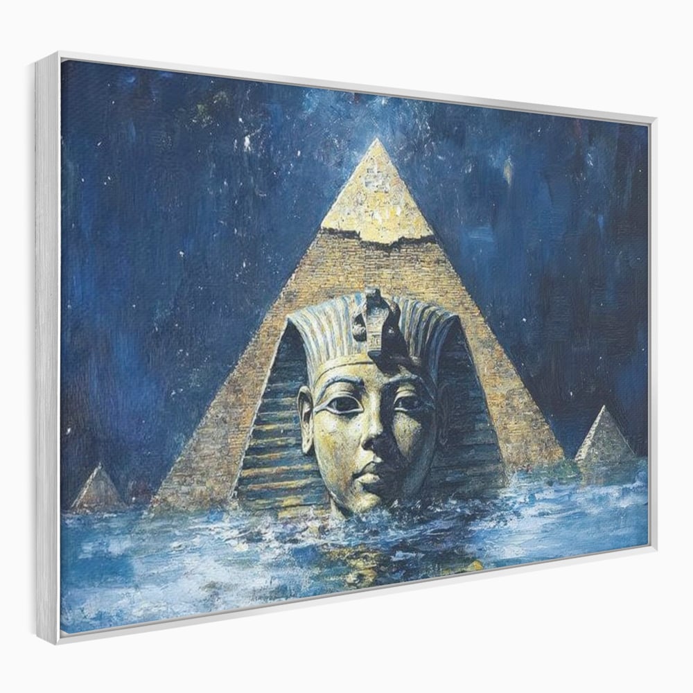 Tablou canvas cu pictura cu sfinx si piramida in apa, in rama de aluminiu argintiu