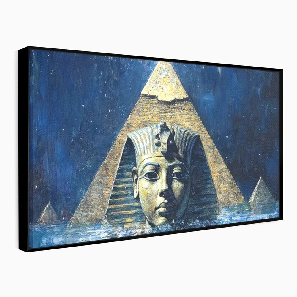 Tablou canvas cu pictura cu sfinx si piramida in apa, in rama de aluminiu negru