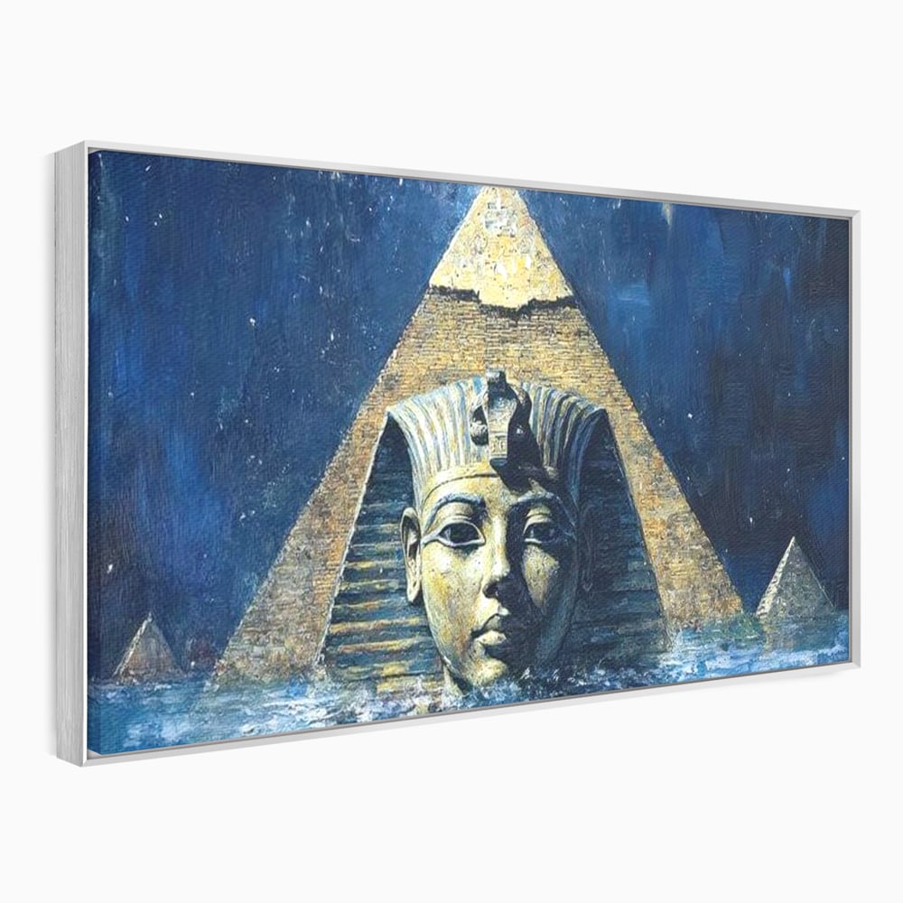 Tablou canvas cu pictura cu sfinx si piramida in apa, in rama de aluminiu argintiu