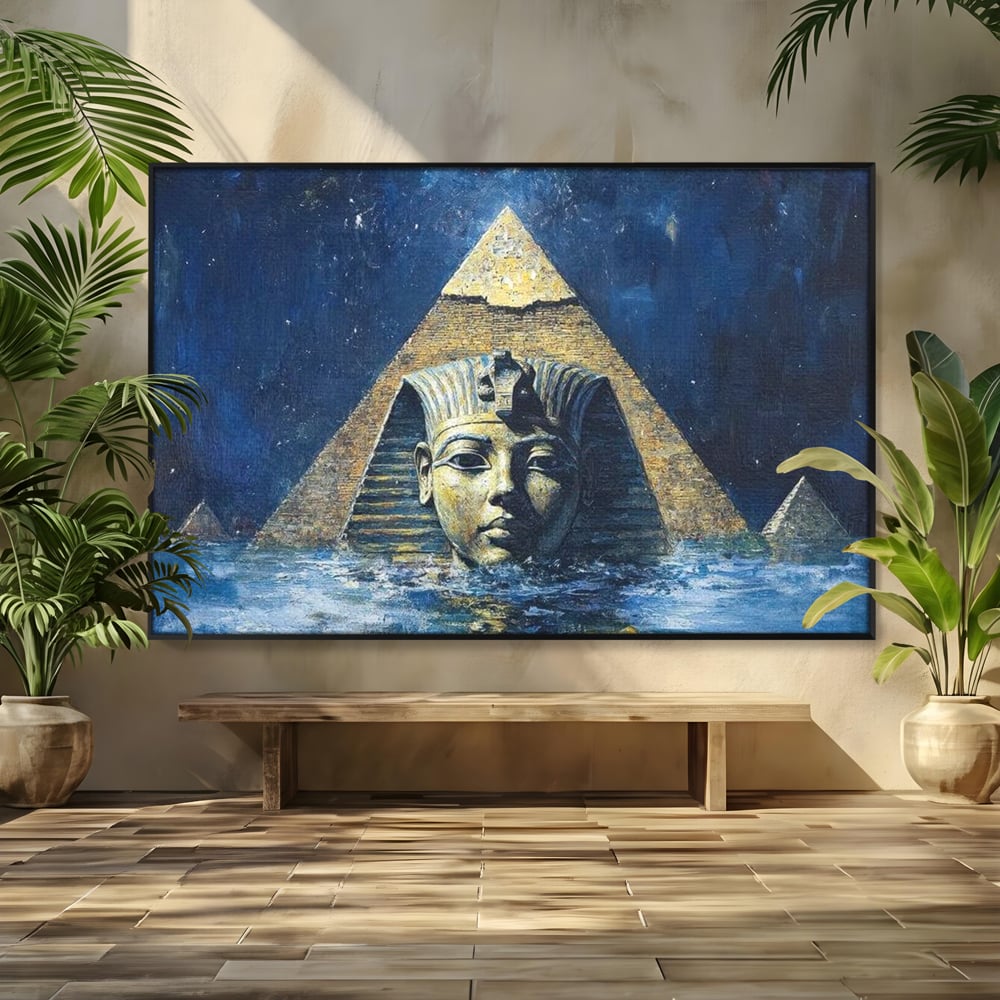 Tablou canvas cu pictura cu sfinx si piramida in apa, in rama de aluminiu negru