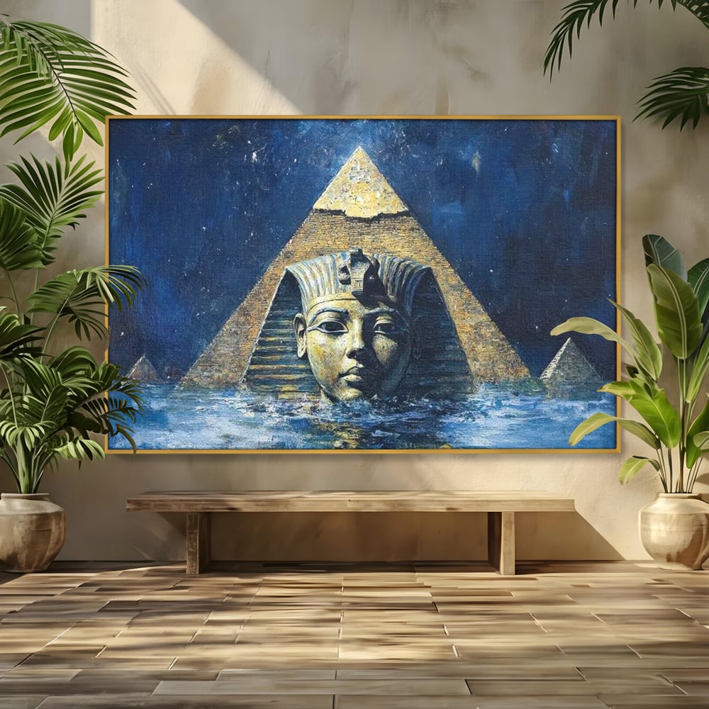 Tablou canvas cu pictura cu sfinx si piramida in apa, in rama de aluminiu auriu