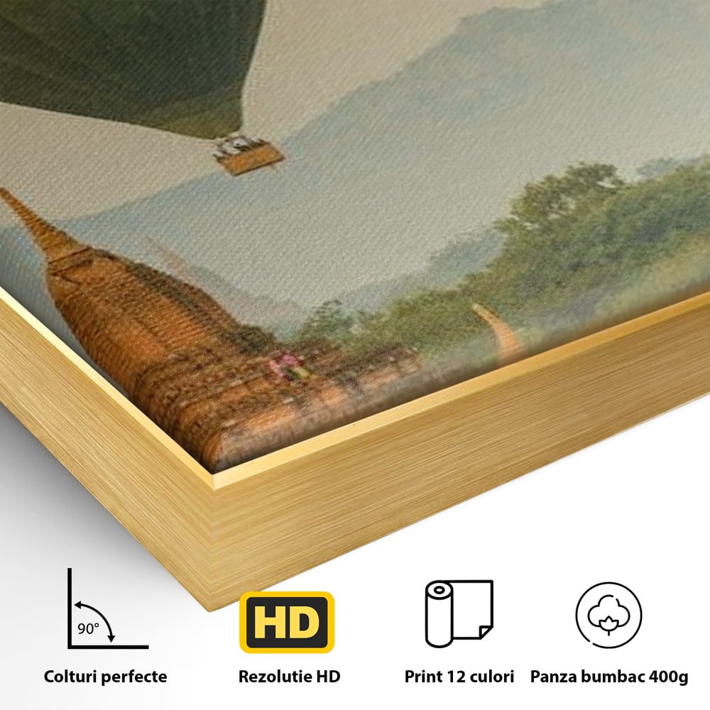 Detaliu al suprafetei: tablou canvas cu peisaj din myanmar, in rama de aluminiu auriu