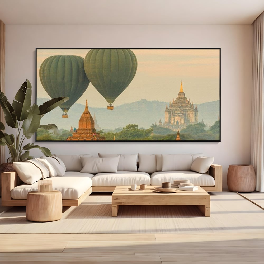 Tablou canvas cu tablou canvas cu peisaj din myanmar, in rama de aluminiu negru, pe perete intr-un living