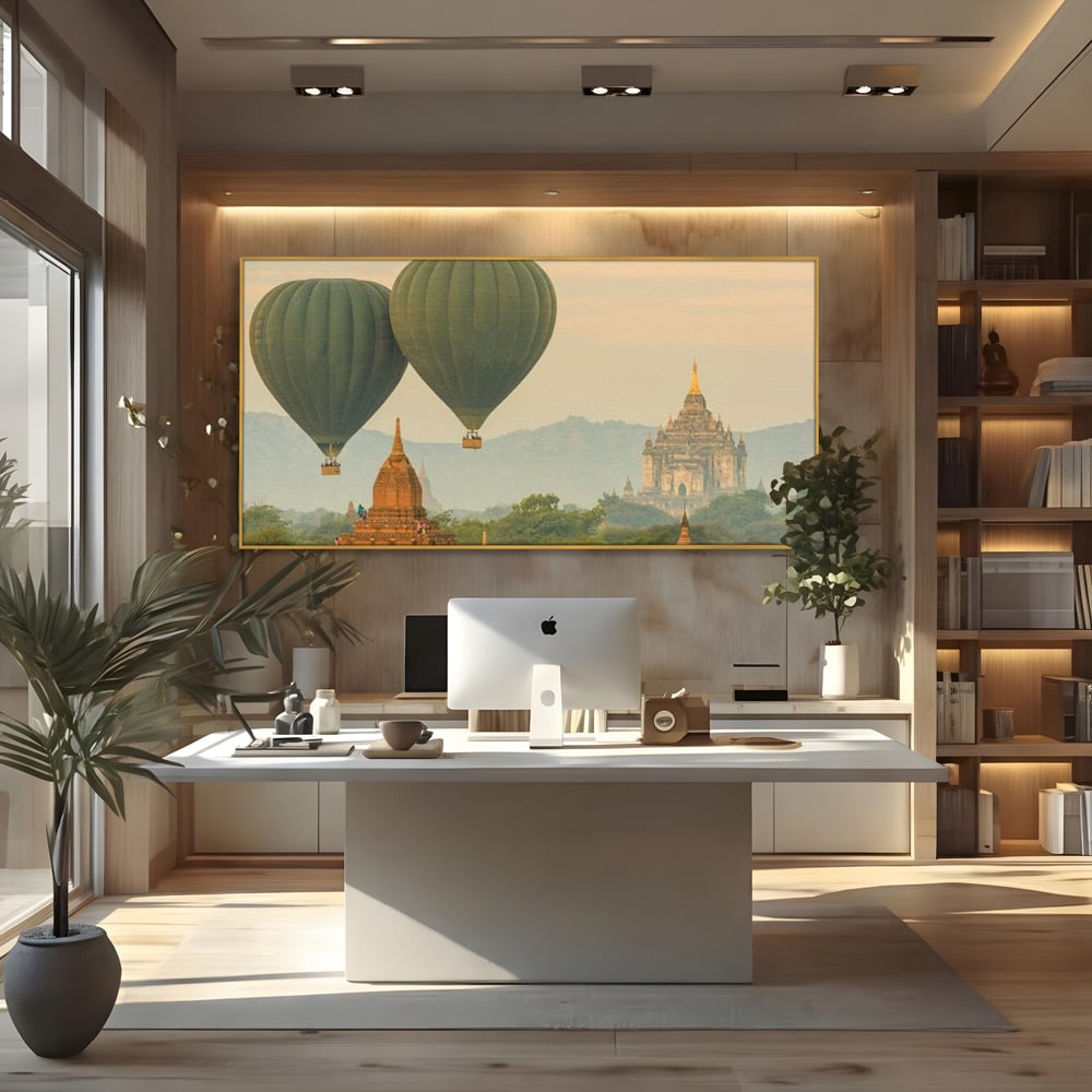 Tablou canvas cu tablou canvas cu peisaj din myanmar, in rama de aluminiu auriu, pe perete intr-un birou