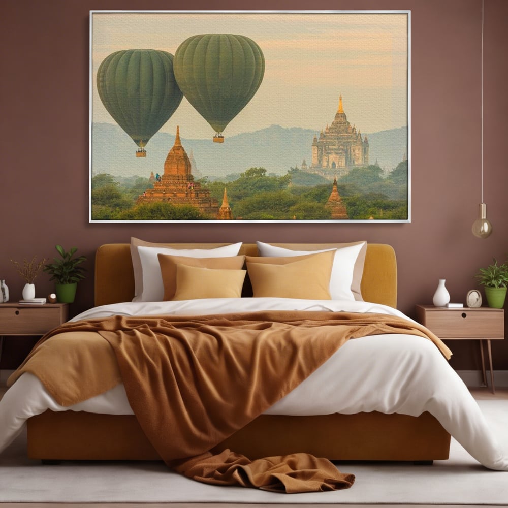 Tablou canvas cu tablou canvas cu peisaj din myanmar, in rama de aluminiu argintiu, pe perete intr-un dormitor
