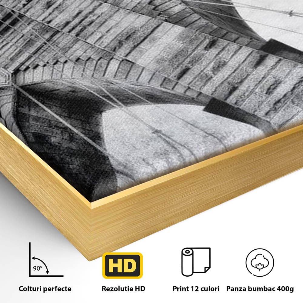 Detaliu al suprafetei: tablou canvas cu podul brooklyn, in rama de aluminiu auriu