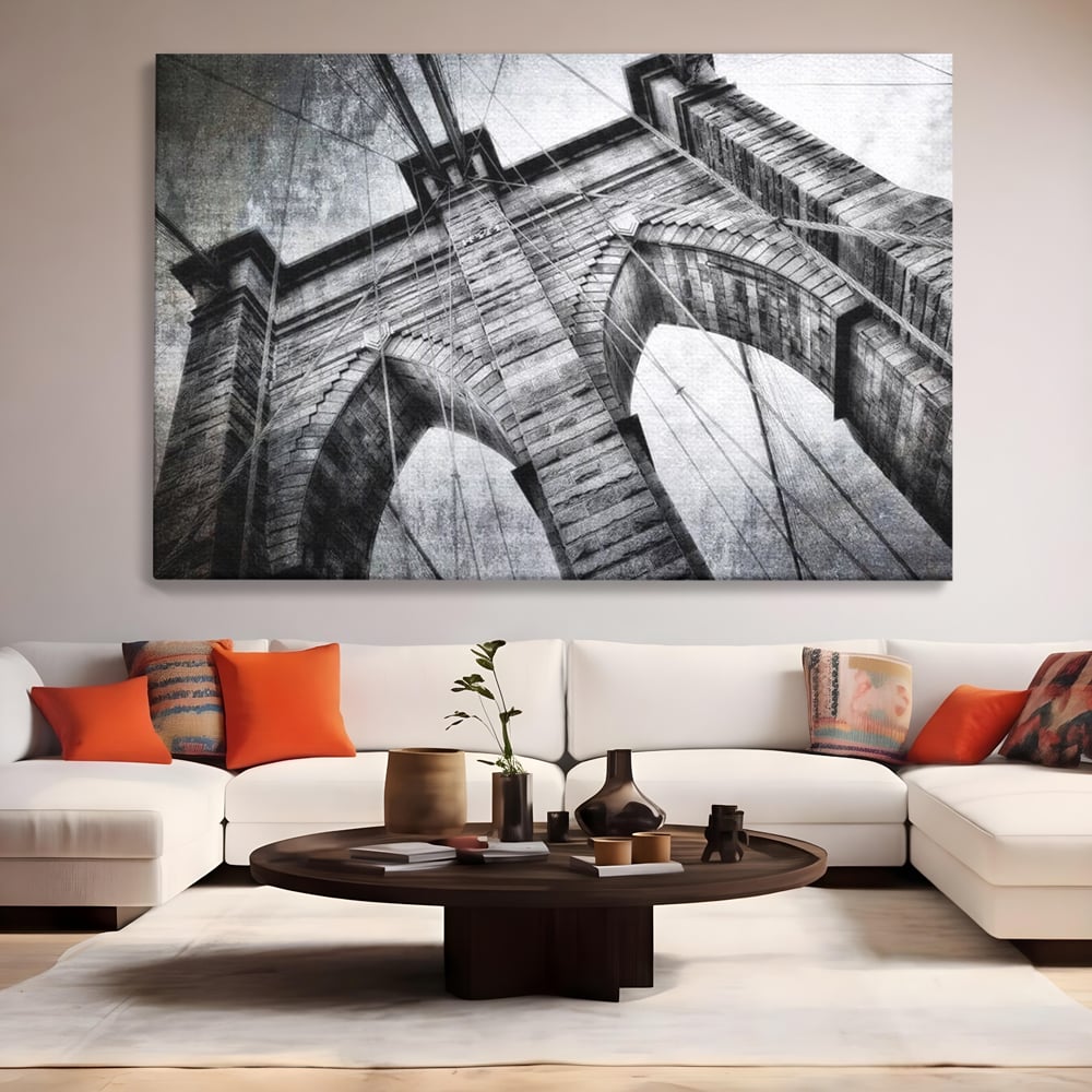 Tablou canvas cu tablou canvas cu podul brooklyn, fara rama, pe sasiu de lemn, pe perete intr-un living