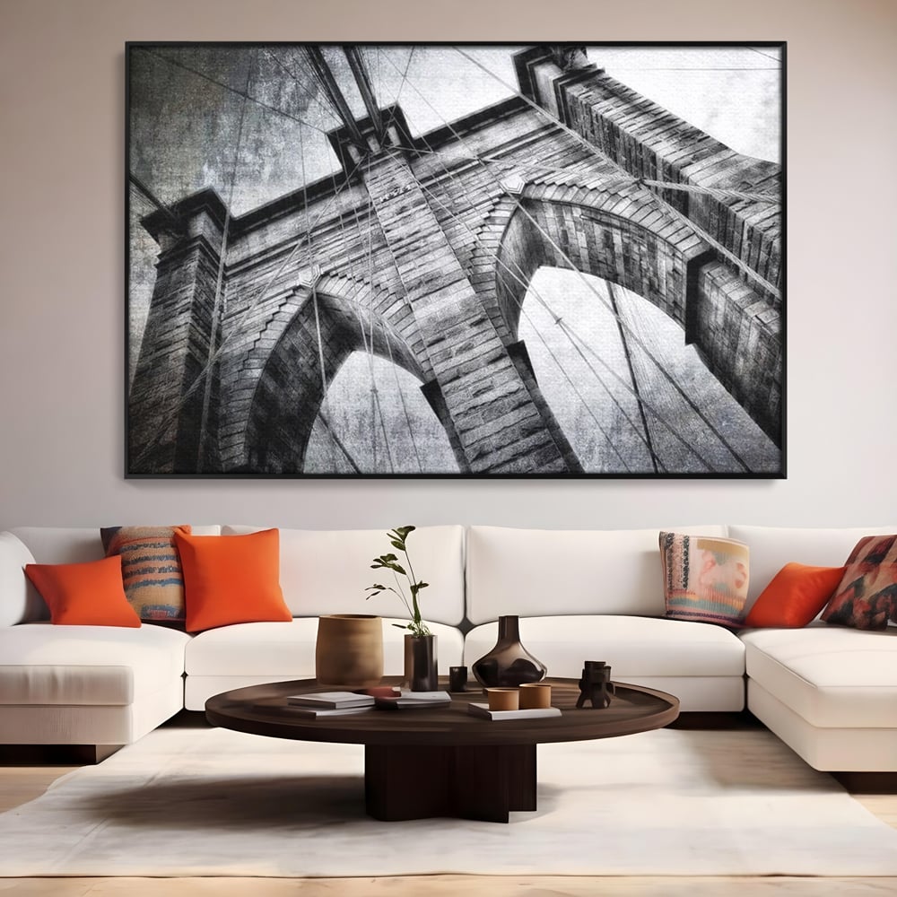 Tablou canvas cu tablou canvas cu podul brooklyn, in rama de aluminiu negru, pe perete intr-un living