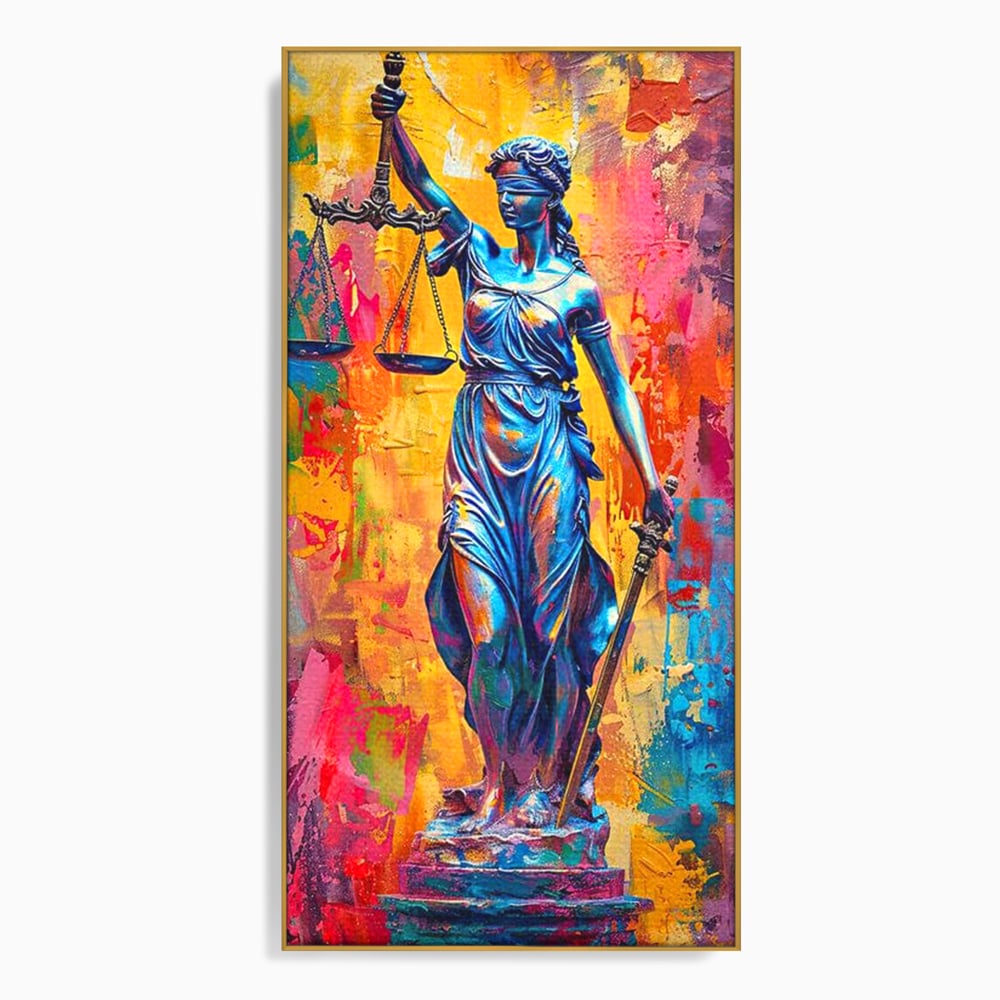 Tablou canvas cu tablou canvas cu zeita justitiei, in rama de aluminiu auriu
