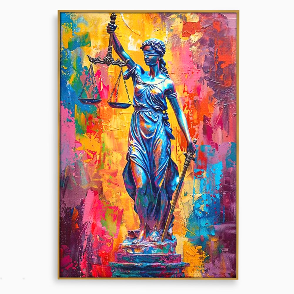 Tablou canvas cu tablou canvas cu zeita justitiei, in rama de aluminiu auriu