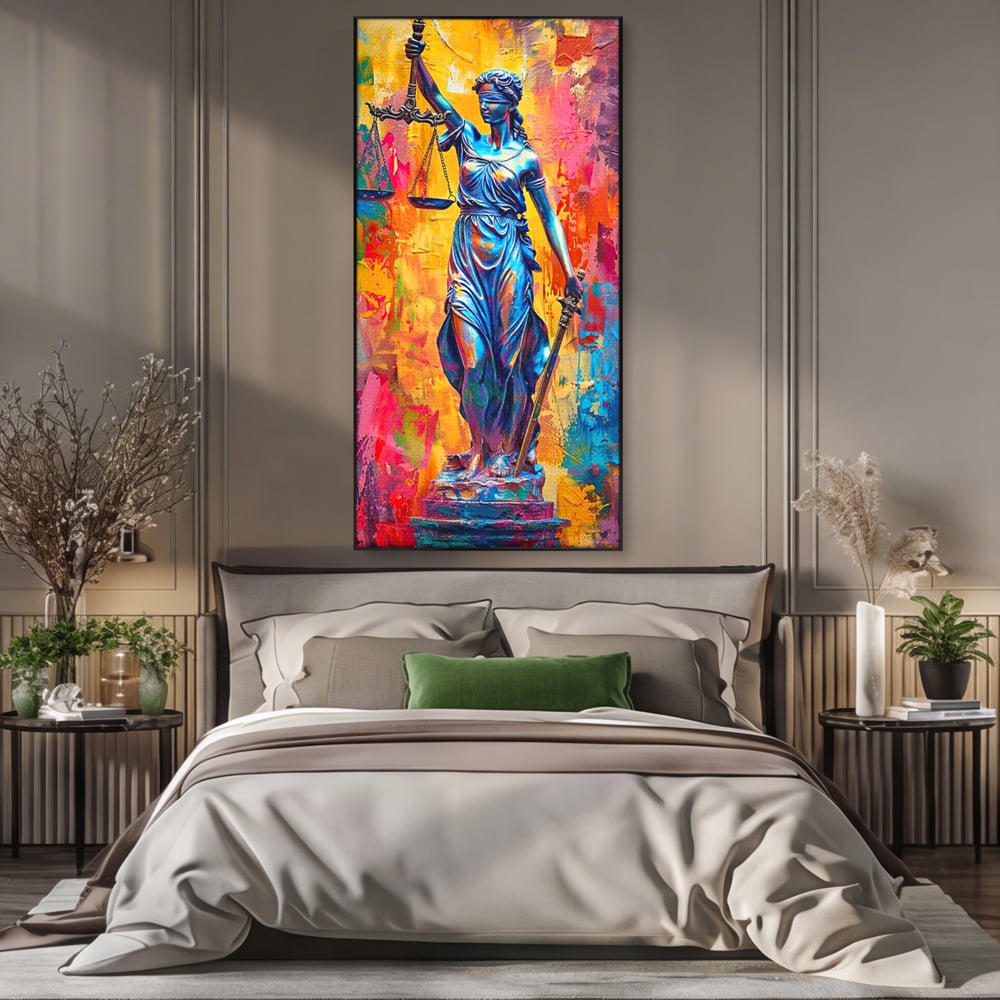 Tablou canvas cu tablou canvas cu zeita justitiei, in rama de aluminiu negru, pe perete intr-un dormitor