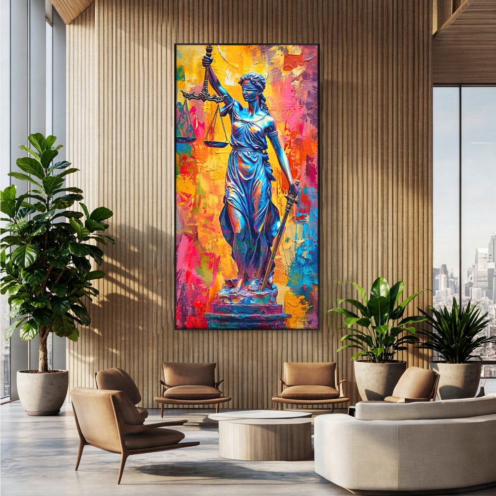Tablou canvas cu tablou canvas cu zeita justitiei, in rama de aluminiu negru, pe perete intr-un birou