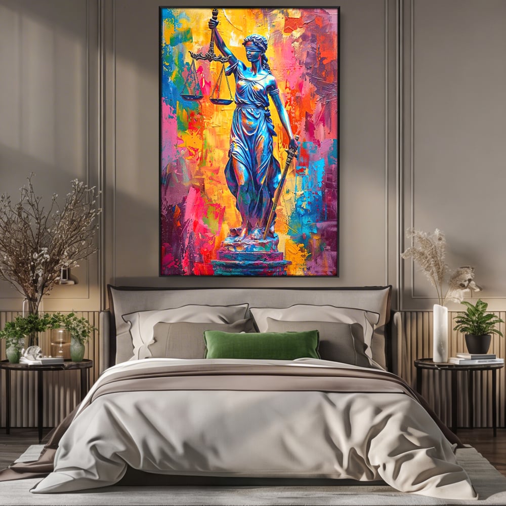 Tablou canvas cu tablou canvas cu zeita justitiei, in rama de aluminiu negru, pe perete intr-un dormitor