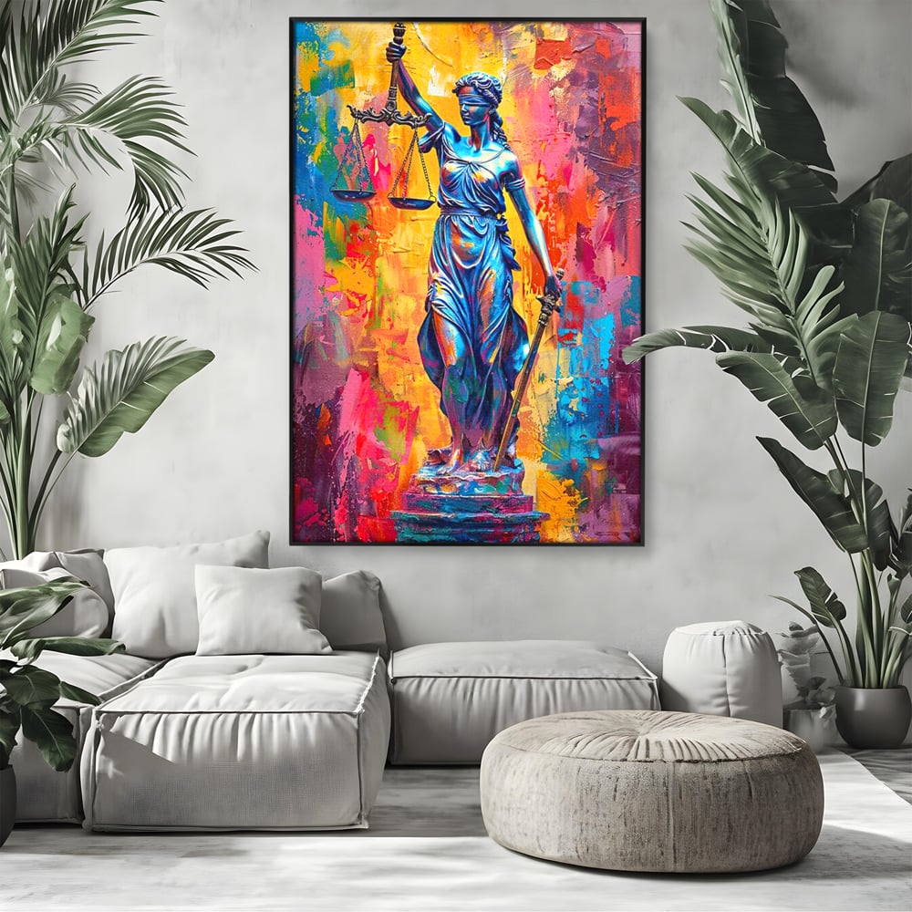 Tablou canvas cu tablou canvas cu zeita justitiei, in rama de aluminiu negru, pe perete intr-un living