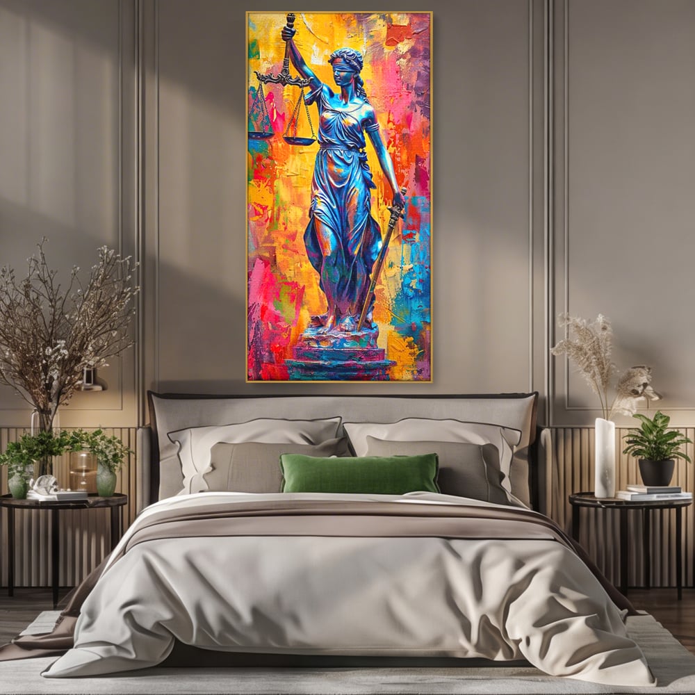 Tablou canvas cu tablou canvas cu zeita justitiei, in rama de aluminiu auriu, pe perete intr-un dormitor