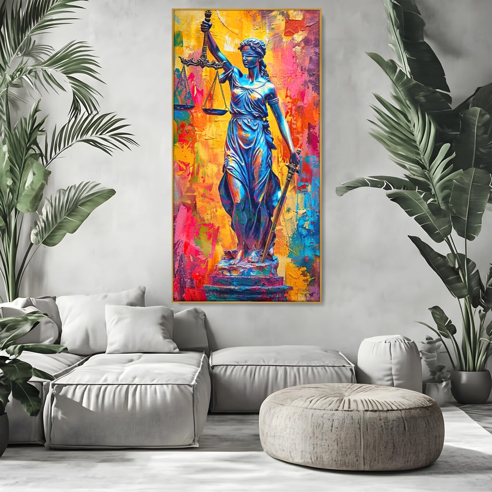 Tablou canvas cu tablou canvas cu zeita justitiei, in rama de aluminiu auriu, pe perete intr-un living