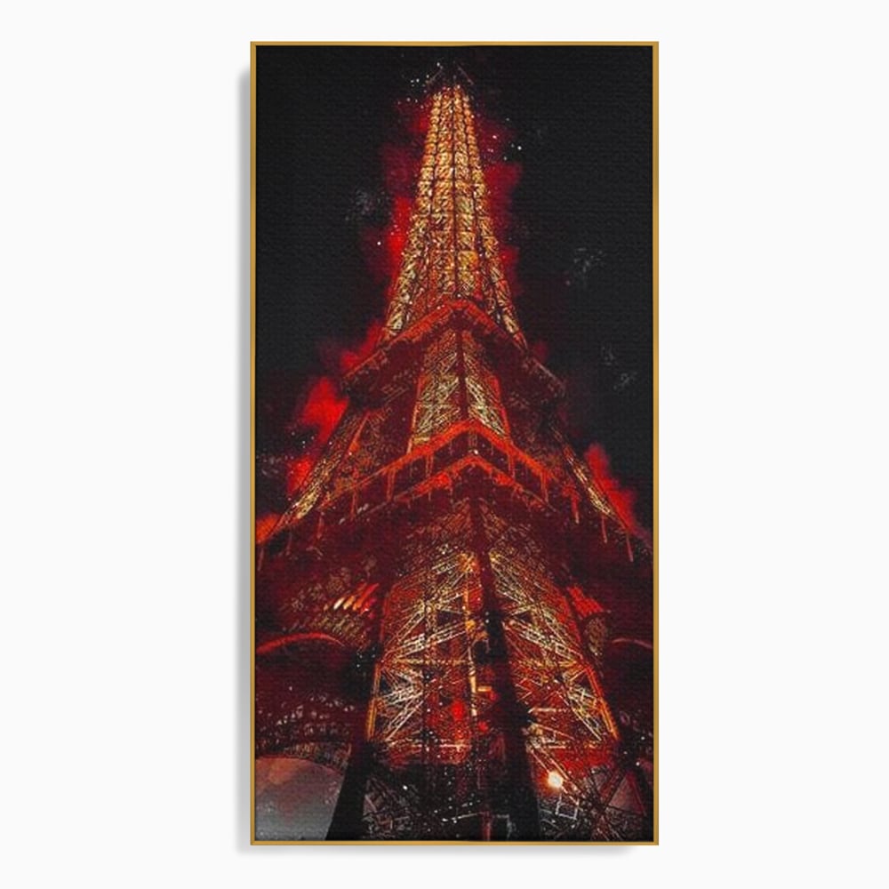 Tablou canvas cu tablou canvas cu turnul eiffel in nuante de rosu, in rama de aluminiu auriu