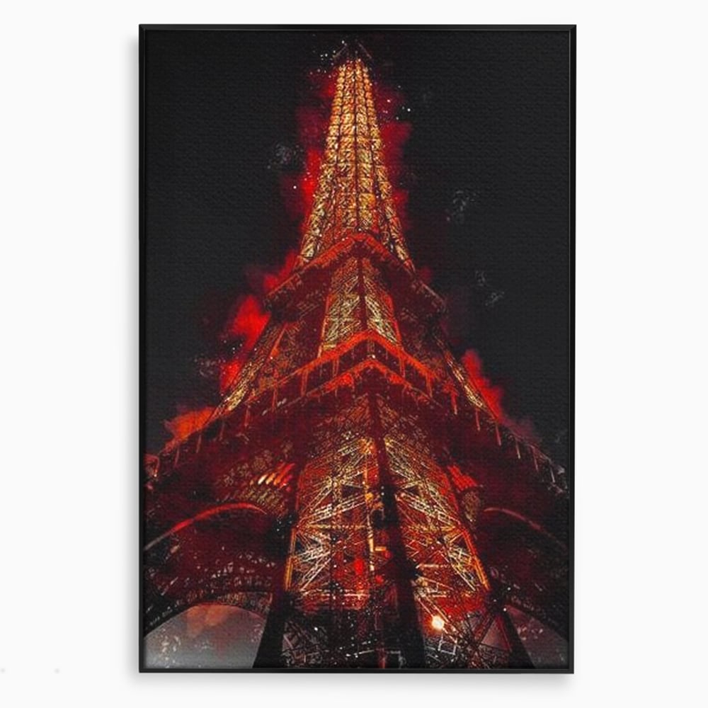 Tablou canvas cu tablou canvas cu turnul eiffel in nuante de rosu, in rama de aluminiu negru