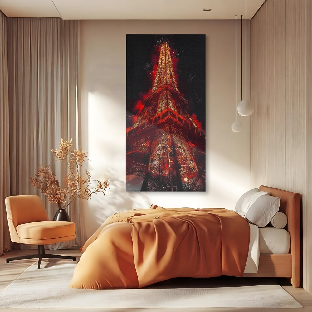 Tablou canvas cu tablou canvas cu turnul eiffel in nuante de rosu, fara rama, pe sasiu de lemn, pe perete intr-un dormitor