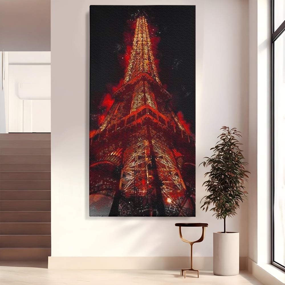 Tablou canvas cu tablou canvas cu turnul eiffel in nuante de rosu, fara rama, pe sasiu de lemn