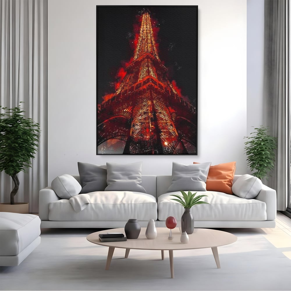 Tablou canvas cu tablou canvas cu turnul eiffel in nuante de rosu, in rama de aluminiu negru, pe perete intr-un living