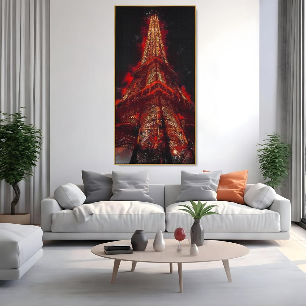 Tablou canvas cu tablou canvas cu turnul eiffel in nuante de rosu, in rama de aluminiu auriu, pe perete intr-un living
