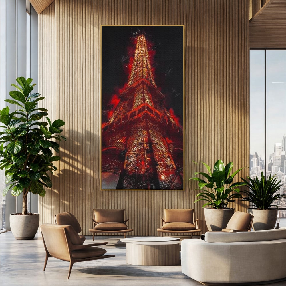Tablou canvas cu tablou canvas cu turnul eiffel in nuante de rosu, in rama de aluminiu auriu, pe perete intr-un birou
