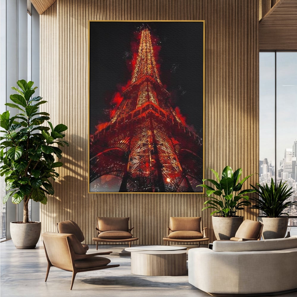 Tablou canvas cu tablou canvas cu turnul eiffel in nuante de rosu, in rama de aluminiu auriu, pe perete intr-un birou