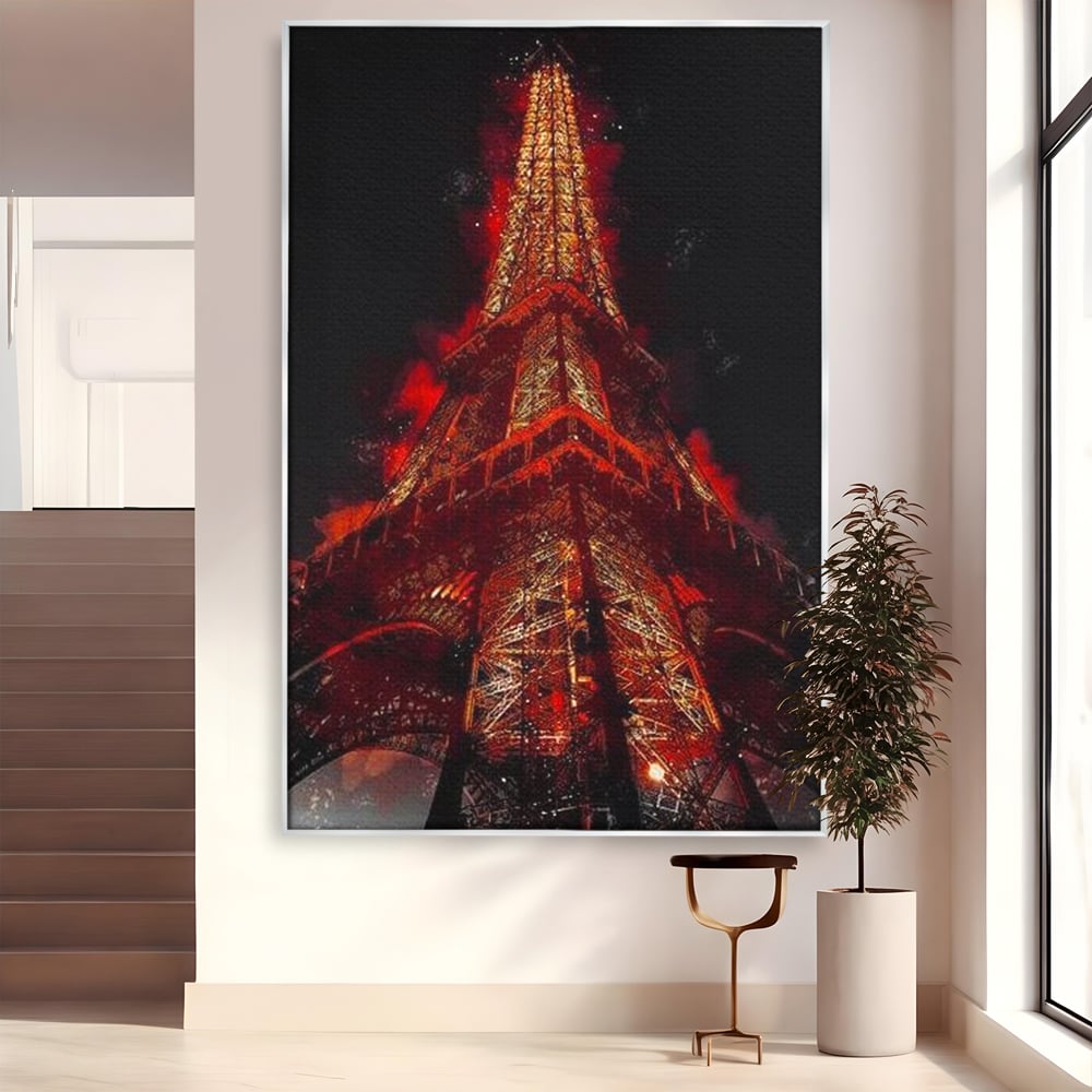 Tablou canvas cu tablou canvas cu turnul eiffel in nuante de rosu, in rama de aluminiu argintiu