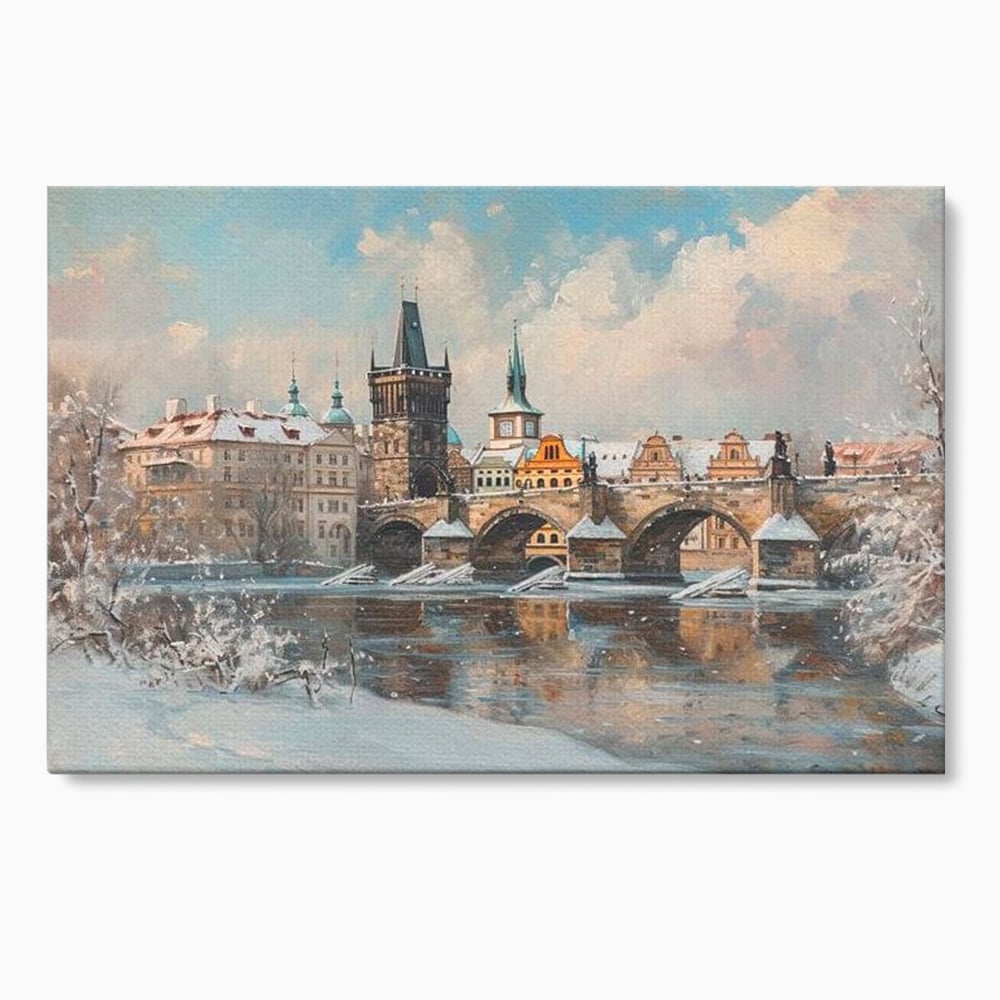 Tablou canvas cu pictura cu podul carol din praga iarna, fara rama, pe sasiu de lemn