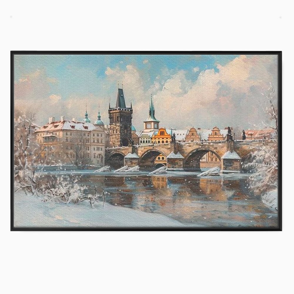 Tablou canvas cu pictura cu podul carol din praga iarna, in rama de aluminiu negru