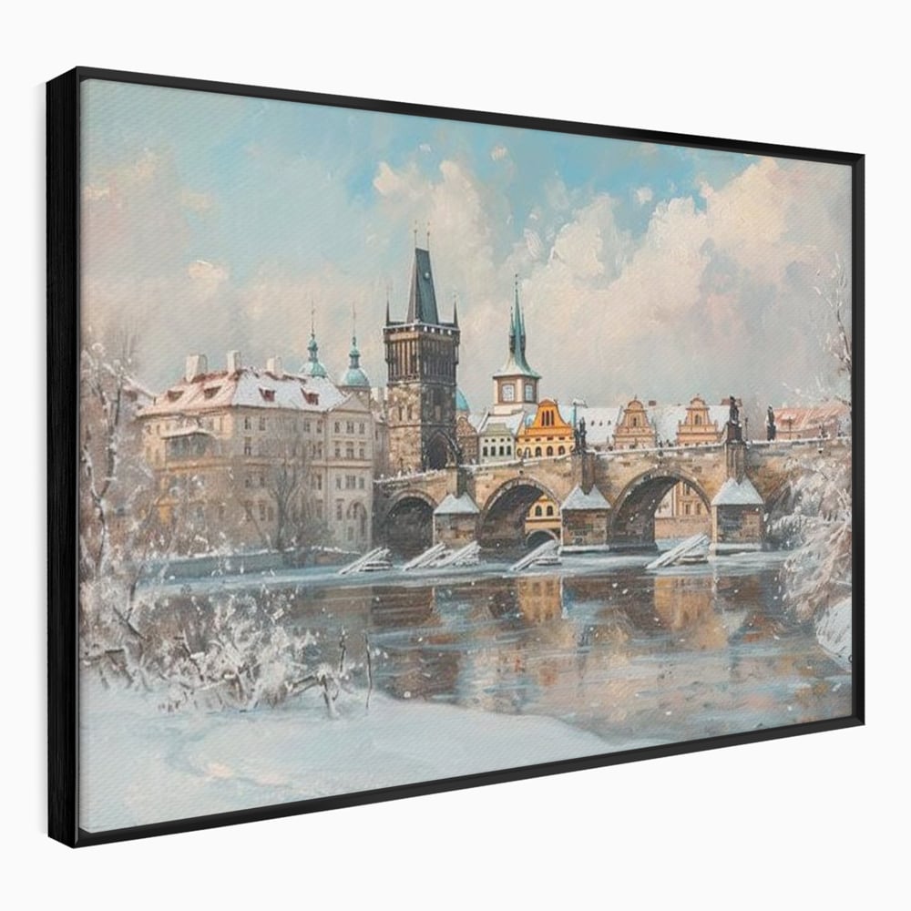 Tablou canvas cu pictura cu podul carol din praga iarna, in rama de aluminiu negru