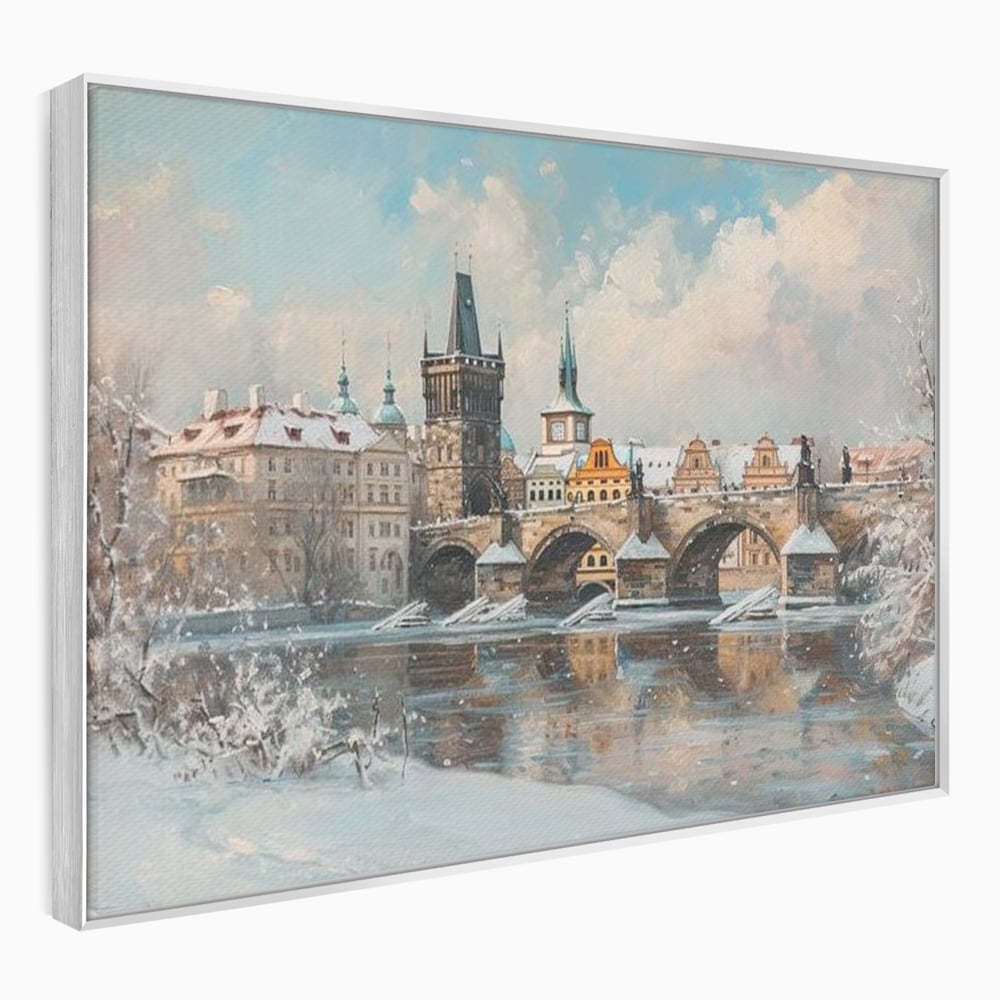 Tablou canvas cu pictura cu podul carol din praga iarna, in rama de aluminiu argintiu