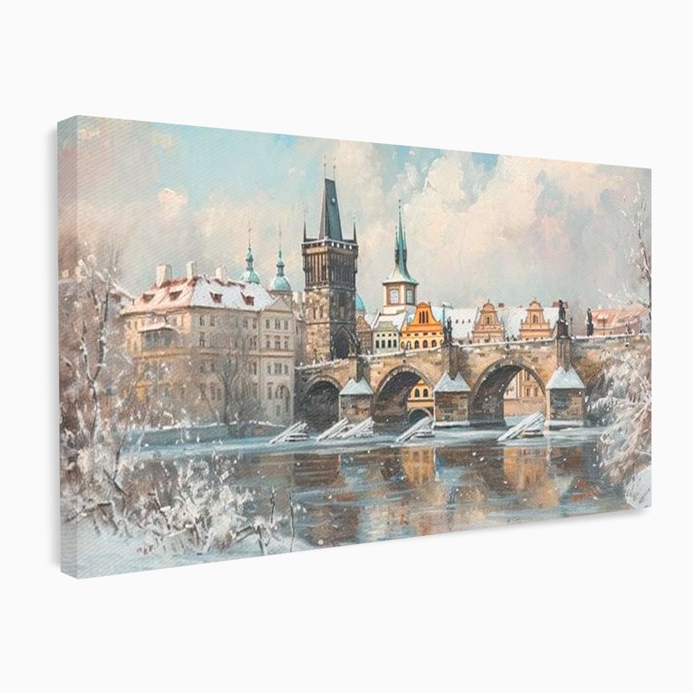 Tablou canvas cu pictura cu podul carol din praga iarna, fara rama, pe sasiu de lemn