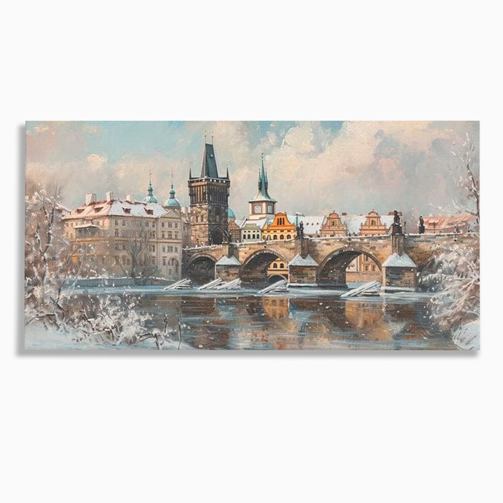 Tablou canvas cu pictura cu podul carol din praga iarna, fara rama, pe sasiu de lemn