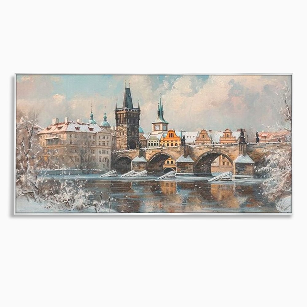 Tablou canvas cu pictura cu podul carol din praga iarna, in rama de aluminiu argintiu