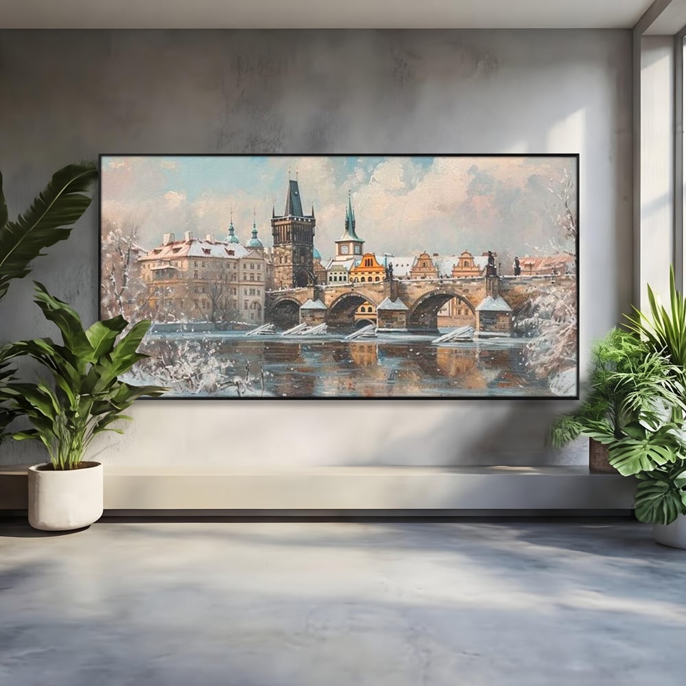 Tablou canvas cu pictura cu podul carol din praga iarna, in rama de aluminiu negru