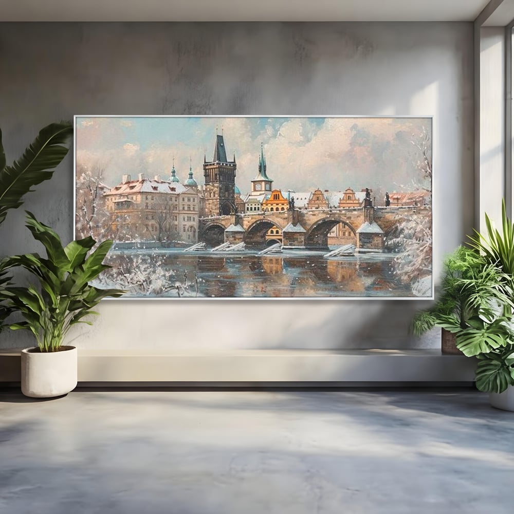 Tablou canvas cu pictura cu podul carol din praga iarna, in rama de aluminiu argintiu