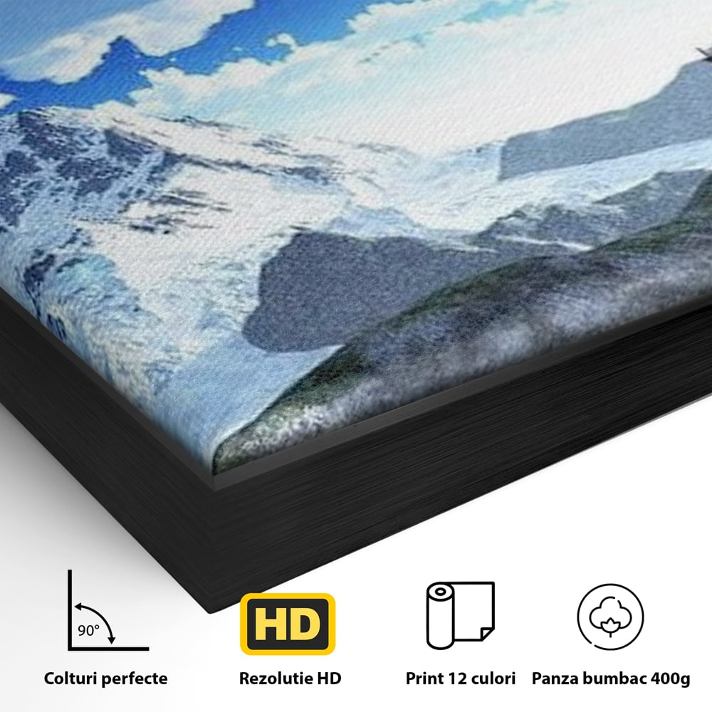 Detaliu al suprafetei: tablou canvas cu pagoda si munti inzapeziti, in rama de aluminiu negru