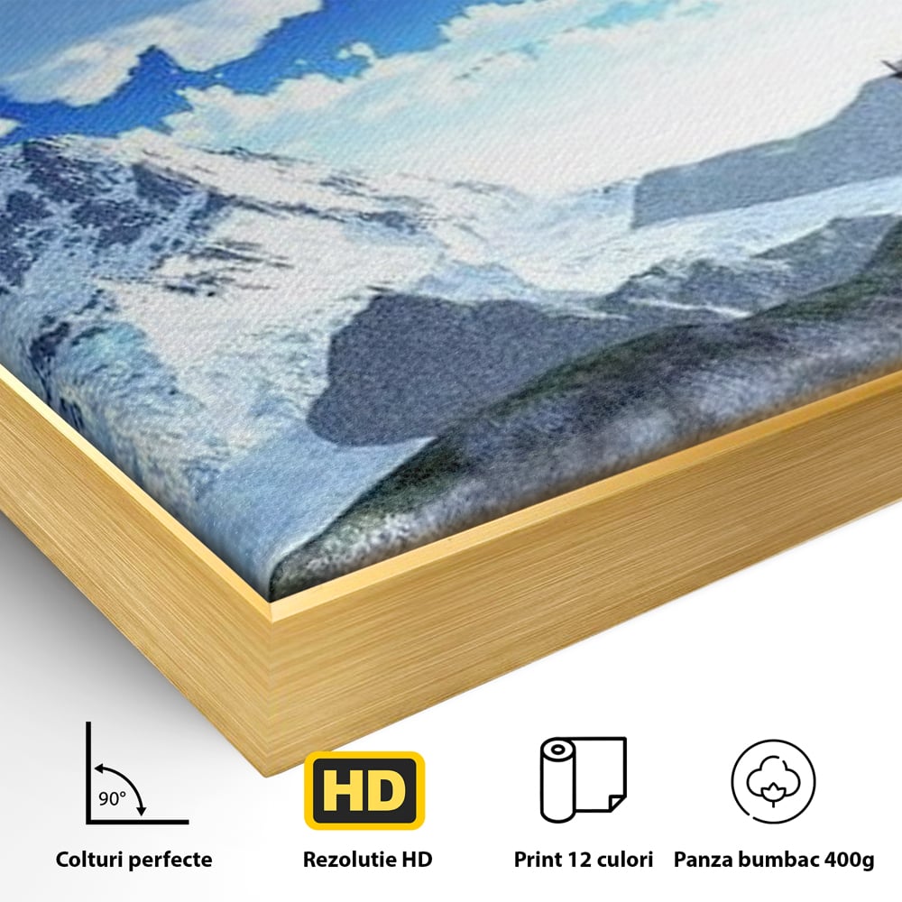 Detaliu al suprafetei: tablou canvas cu pagoda si munti inzapeziti, in rama de aluminiu auriu