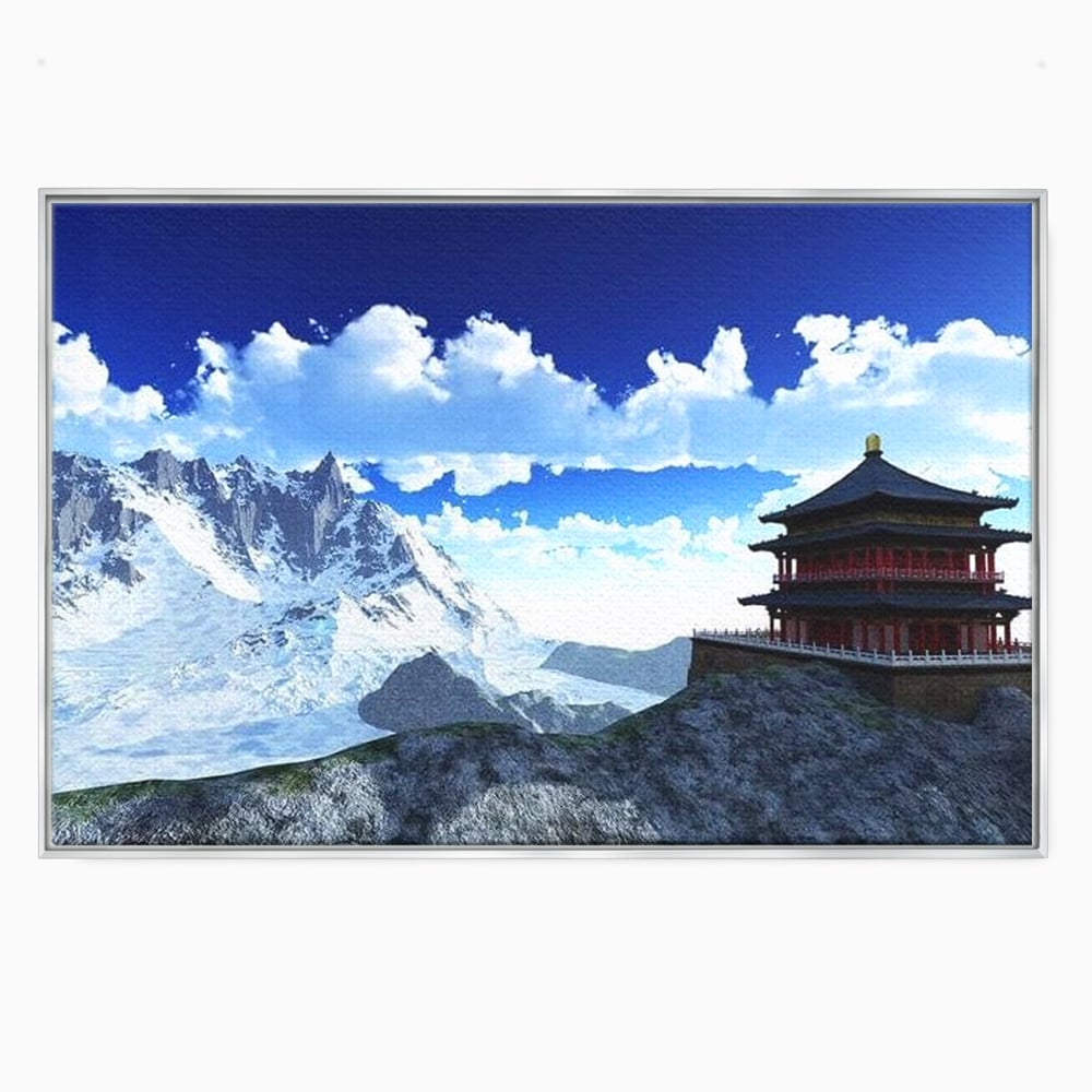 Tablou canvas cu tablou canvas cu pagoda si munti inzapeziti, in rama de aluminiu argintiu