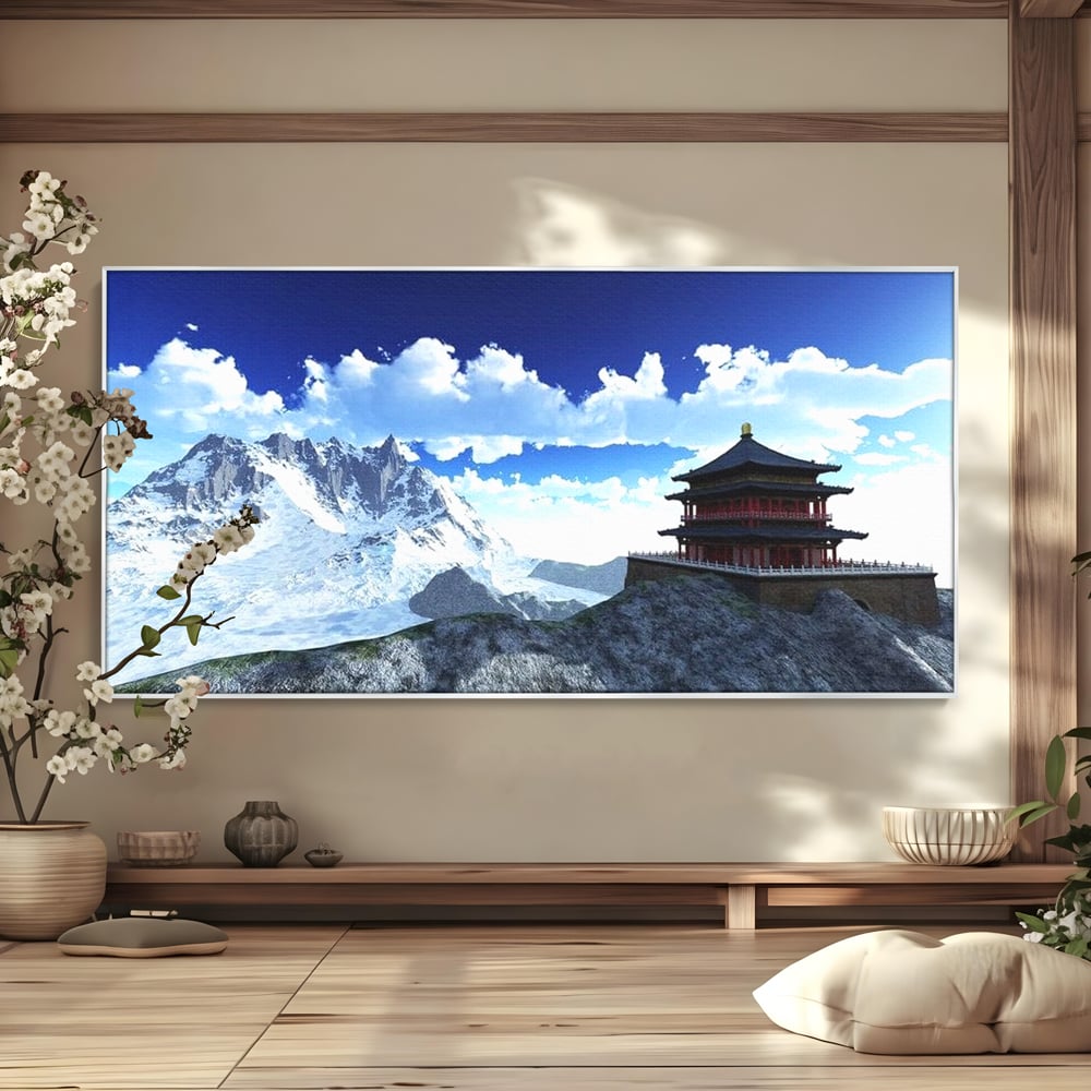 Tablou canvas cu tablou canvas cu pagoda si munti inzapeziti, in rama de aluminiu argintiu