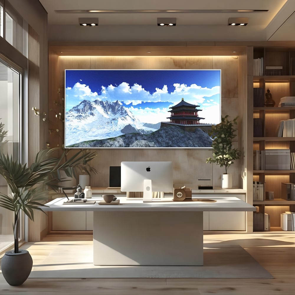 Tablou canvas cu tablou canvas cu pagoda si munti inzapeziti, in rama de aluminiu argintiu, pe perete intr-un birou
